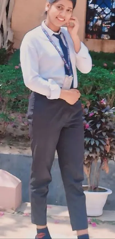 Woman in business attire standing outdoors in garden.