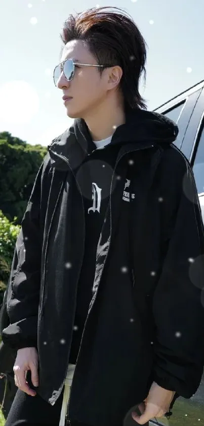 Person in black jacket by a car with greenery background.