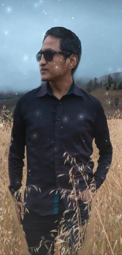 Person in a wheat field under a moody sky with mountains in the background.