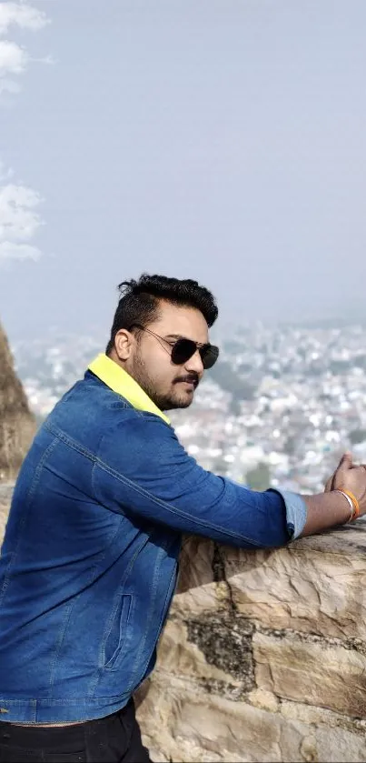 Man in denim jacket and sunglasses on a rocky mountain landscape.