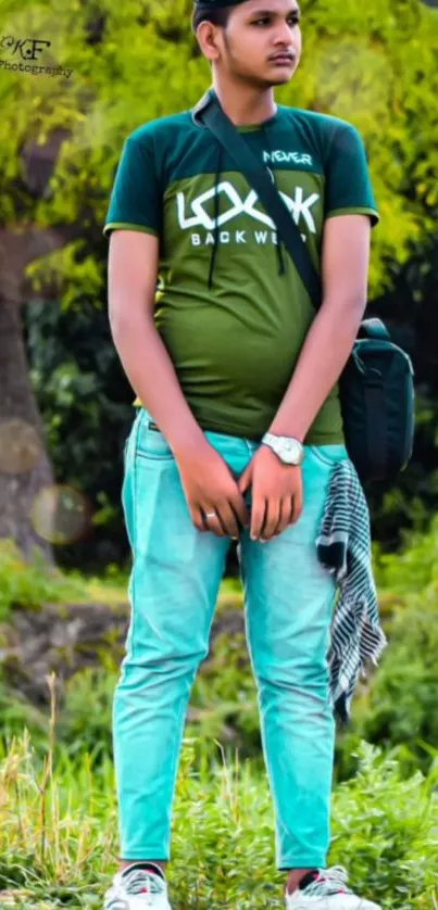 Young individual in trendy attire amidst lush green nature.