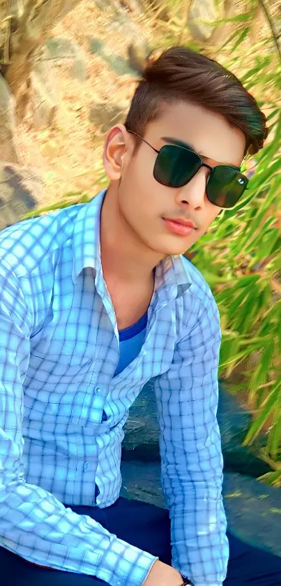 Young man in sunglasses posing outdoors in a stylish blue shirt.