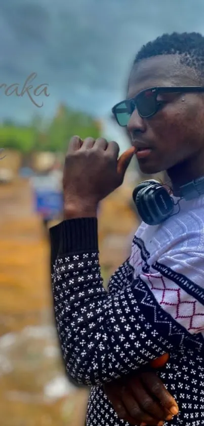 Young man outdoors with sunglasses and headphones, stylish urban vibe.