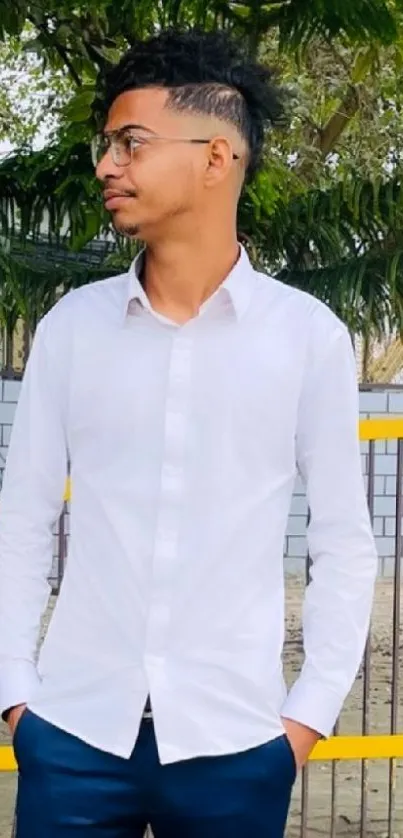 Stylish outdoor portrait of a young person in nature.