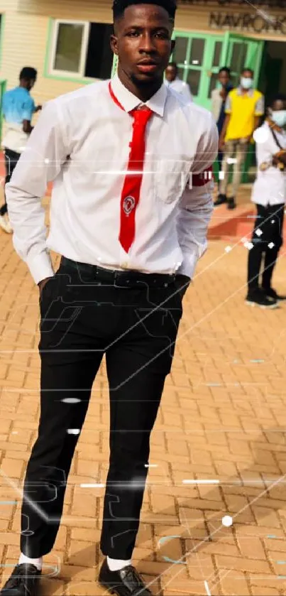 Young man in formal attire standing outdoors on campus.