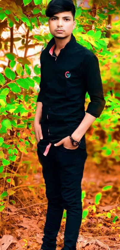 Stylish young man standing in a green leafy outdoor setting.