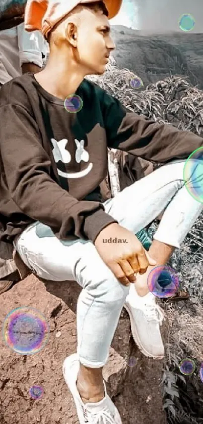 Young man in black crewneck with mountain background.