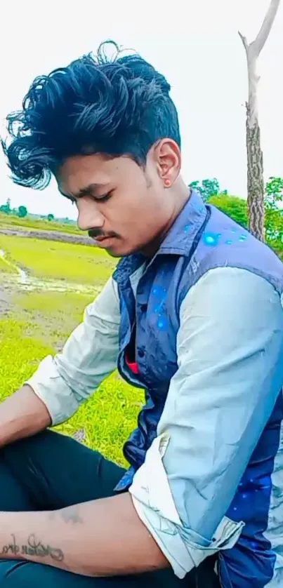 Stylish young man sitting outdoors in green landscape.