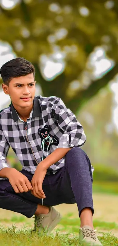 Young man in plaid shirt posing outdoors.