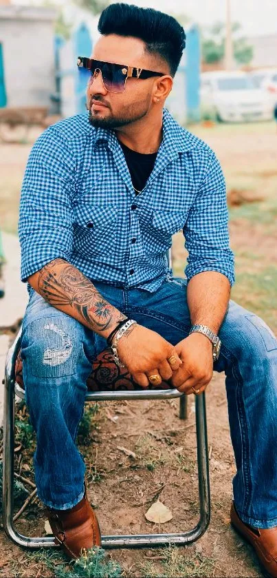 Man in blue checkered shirt seated outdoors with sunglasses.