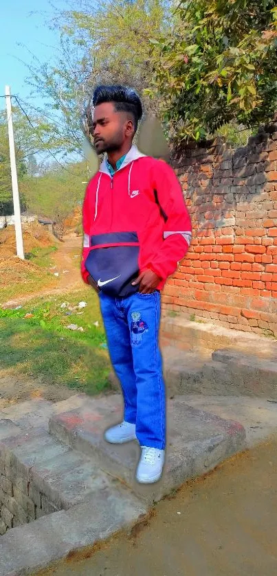 Young man in red jacket stands by brick wall in scenic outdoor setting.