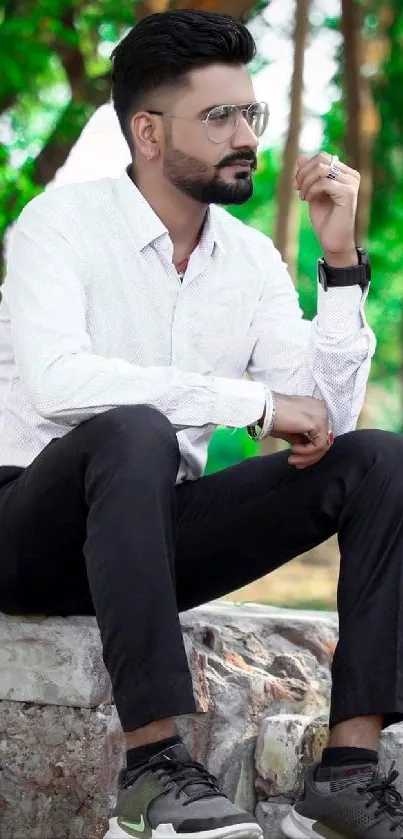 Man in white shirt sitting on rocks outdoors with a natural green background.