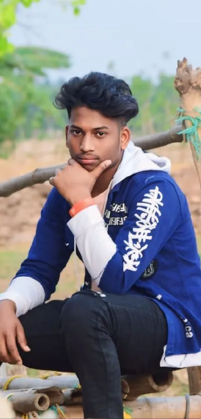 Young man in blue jacket outdoors, posing stylishly.