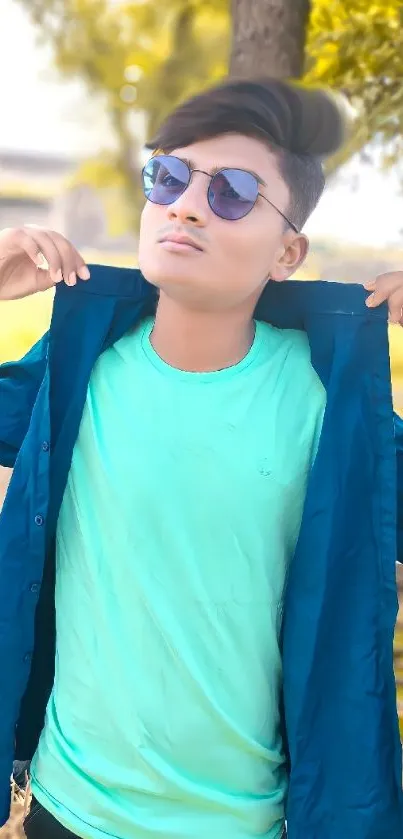 Young man in teal outfit posing confidently outdoors.