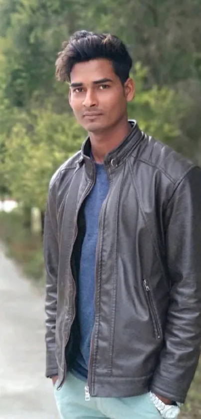 Stylish man in leather jacket standing outdoors with nature background.