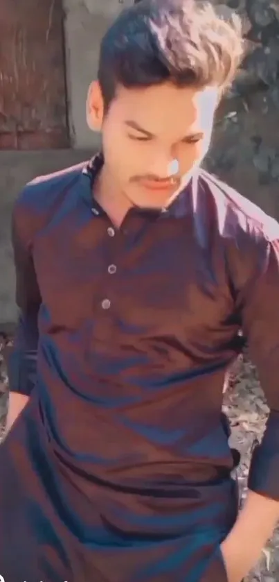 Young man in stylish traditional outfit posing outdoors.