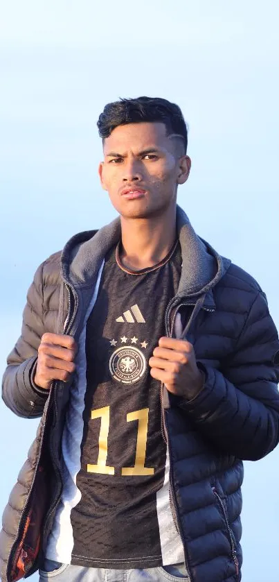 Stylish young man in jacket posing outdoors with a light blue background.