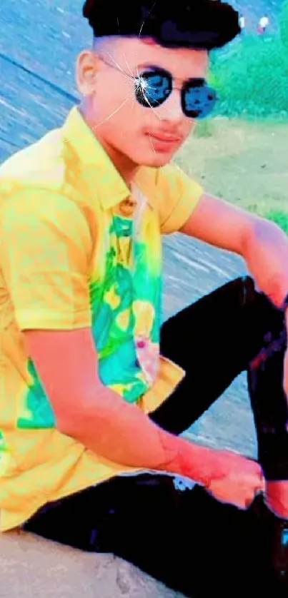 Young man in sunglasses and colorful shirt sitting outdoors.