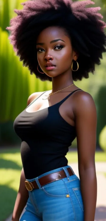 Stylish woman with natural hair in outdoor setting.