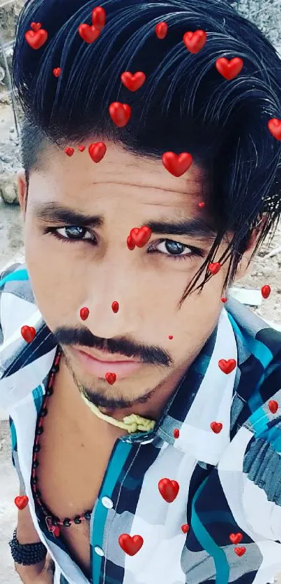 Young man taking a stylish outdoor selfie with trendy hair and fashion.