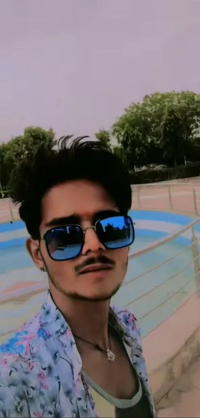 Man in sunglasses taking a selfie outdoors with greenery and blue pool.