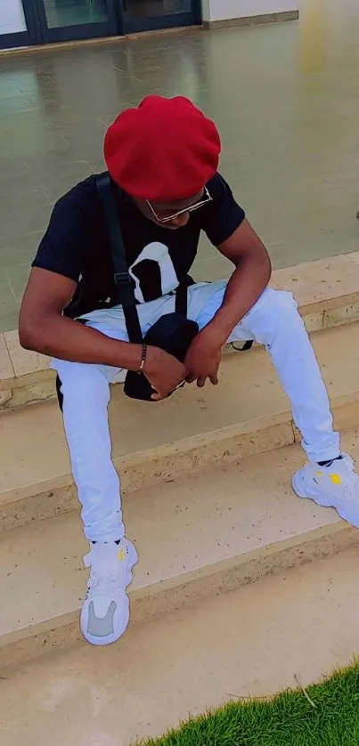 Trendy individual with a red beret sitting on stairs outdoors.