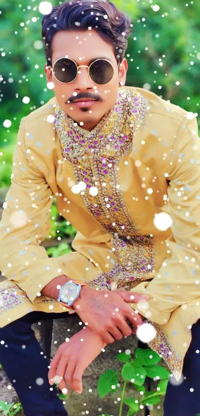 Man in traditional yellow attire outdoors.