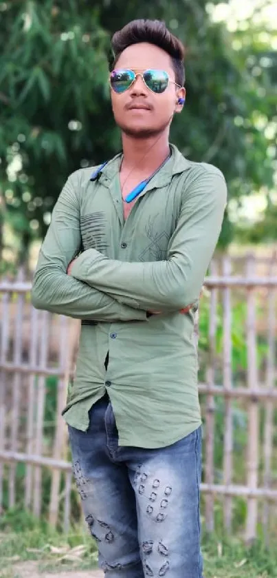 Young man in green shirt posing outdoors against bamboo fence.