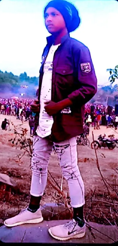 Youth in trendy attire outdoors with a natural background.