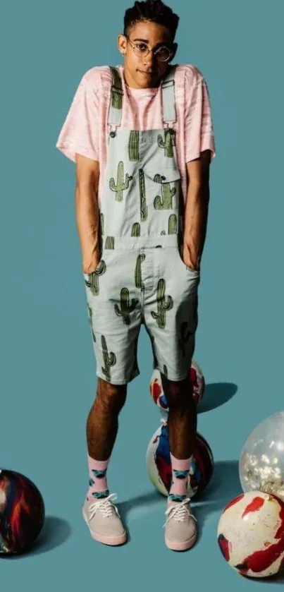 Person in cactus overalls on teal background with colorful balls.