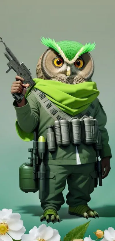 Quirky owl warrior with green military gear on a floral themed wallpaper.