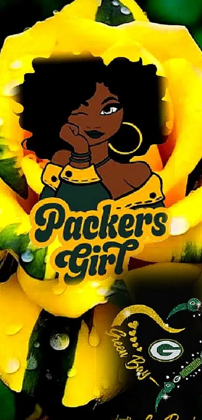 Bold Packers Girl illustration on bright yellow rose background.