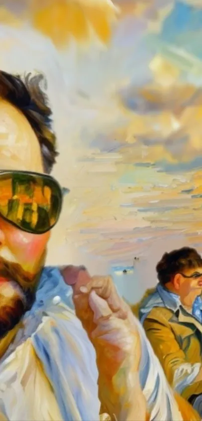 Artistic painted portrait with vibrant colors and two figures.