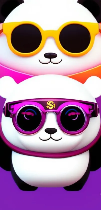 Adorable pandas with sunglasses on purple gradient background.