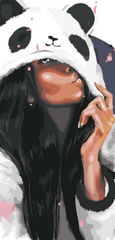 Woman in panda hoodie illustrated design mobile wallpaper.