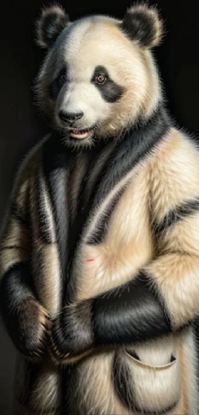 A panda in a stylish fur coat stands against a dark background.