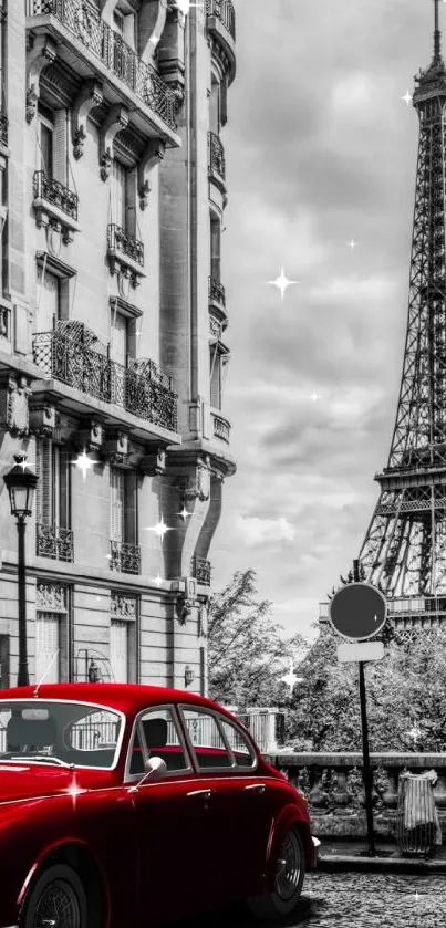 Red vintage car in Paris with Eiffel Tower background.