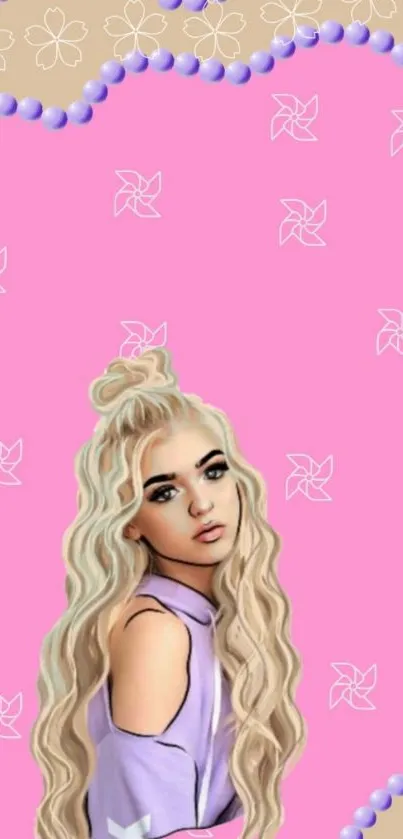 Stylized character on a pastel pink background with floral elements.