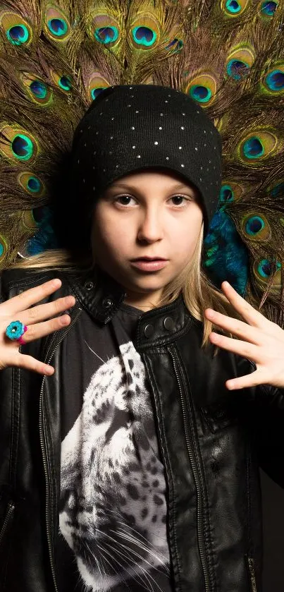 Girl in black jacket with peacock feather backdrop and vibrant colors.