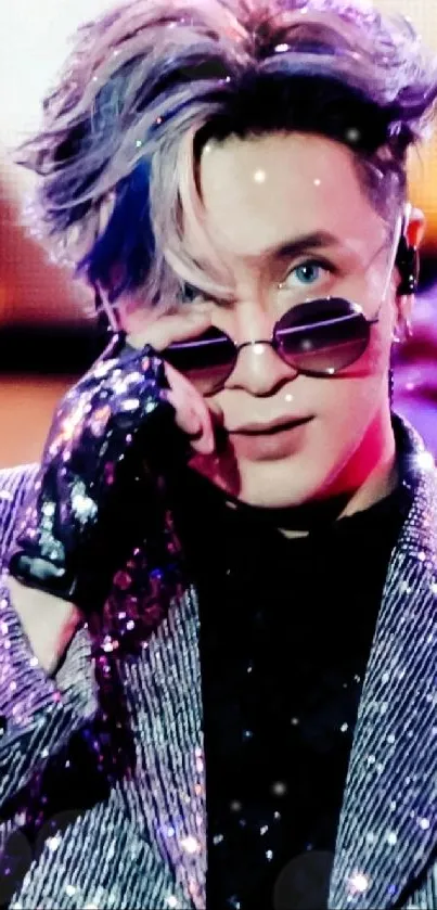 Performer in sequined jacket with sunglasses on stage.