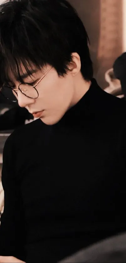 A stylish person in a black turtleneck looking down thoughtfully.