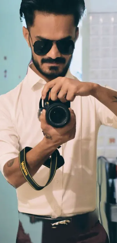 Stylish man in white shirt holding a camera.