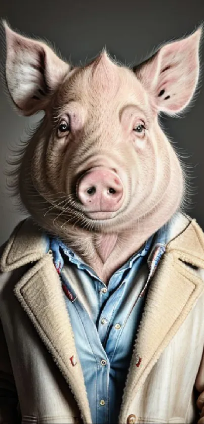 A fashionable pig in a winter coat against a dark background.