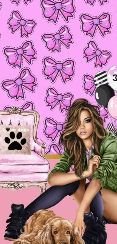 Girl with balloons and dog on pink bow background wallpaper.