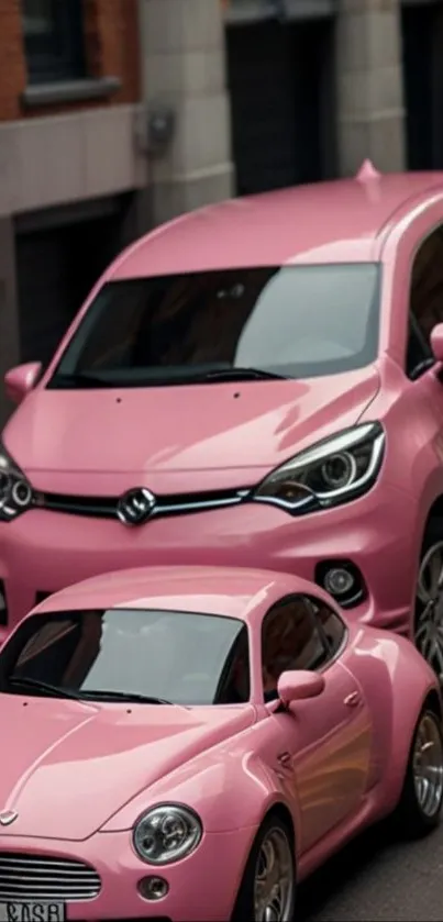 Pink cars parked on city street with brick buildings.