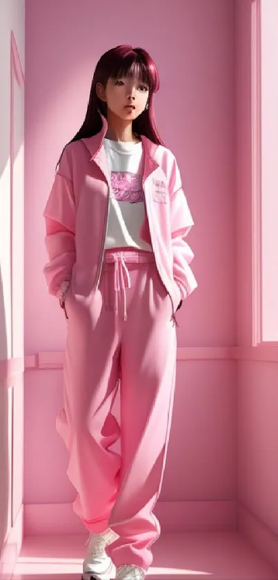 Mobile wallpaper of a woman in pink fashion attire against a soft pink background.
