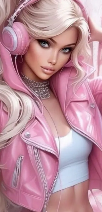 Artistic girl wearing pink jacket and headphones in modern style.