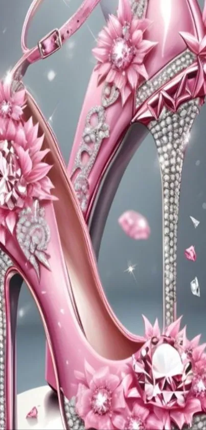 Pink high heels with crystals and flowers design.