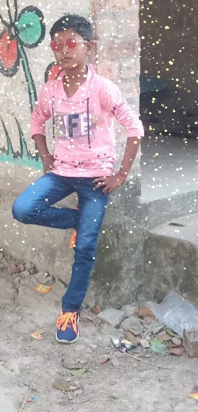 Person in pink hoodie with jeans, stylish pose.