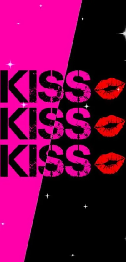 Vibrant pink and black mobile wallpaper with 'KISS' text and lips design.